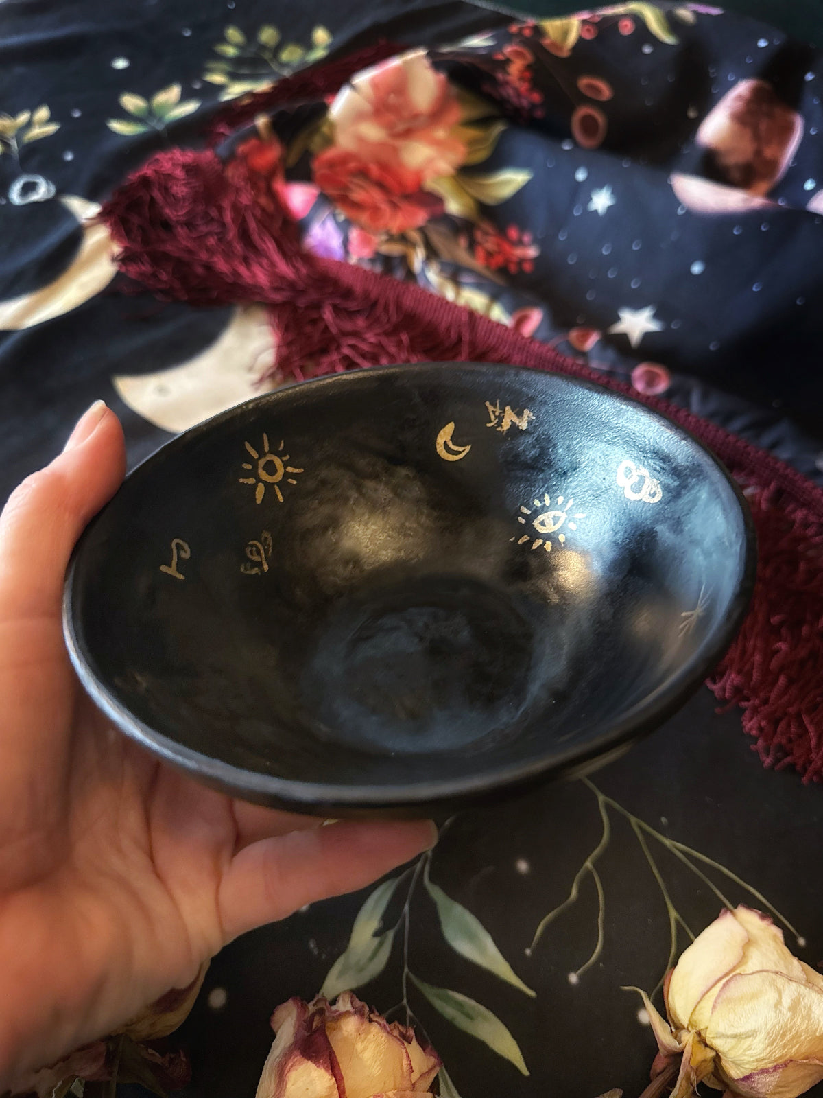Matte Black Dishes w/ Gold Luster Witches Runes - For Scrying or Dinnerware