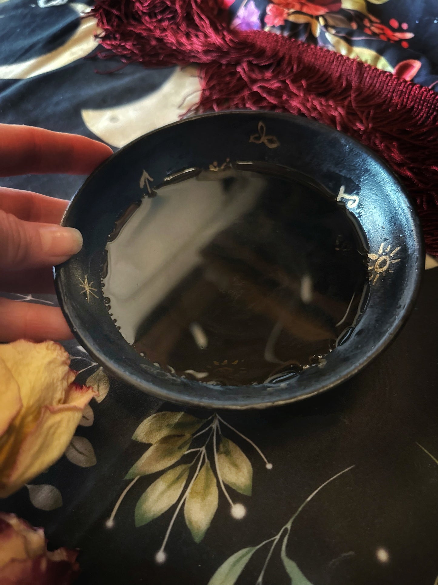 Matte Black Dishes w/ Gold Luster Witches Runes - For Scrying or Dinnerware