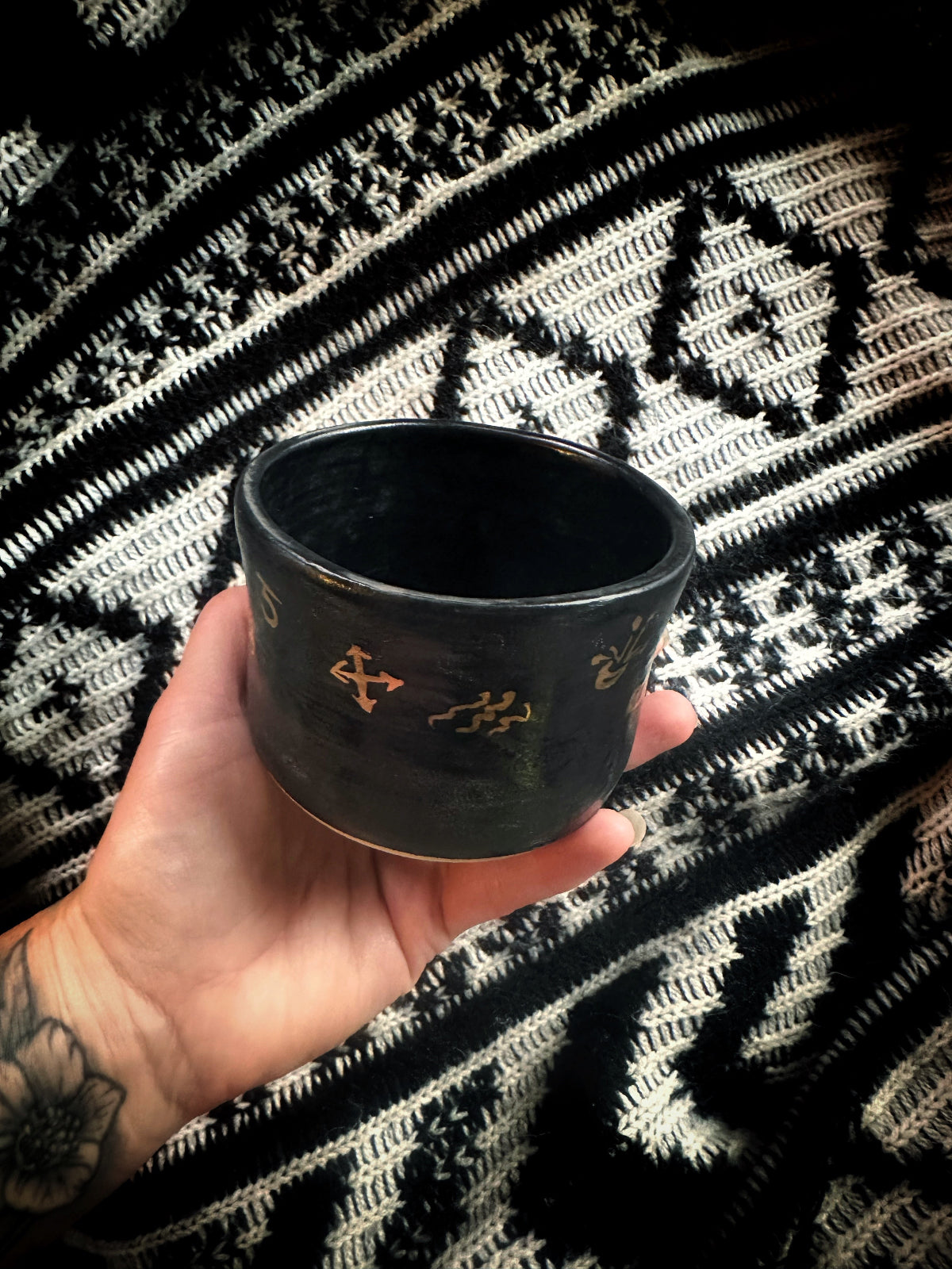 Matte Black Dishes w/ Gold Luster Witches Runes - For Scrying or Dinnerware