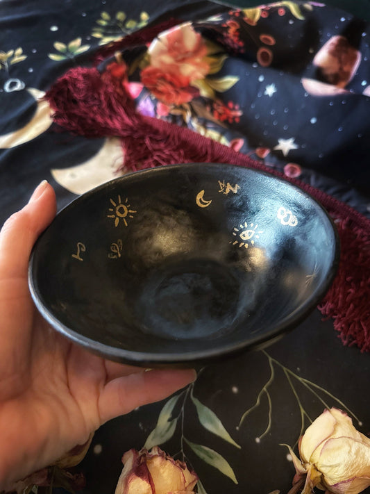 Matte Black Dishes w/ Gold Luster Witches Runes - For Scrying or Dinnerware